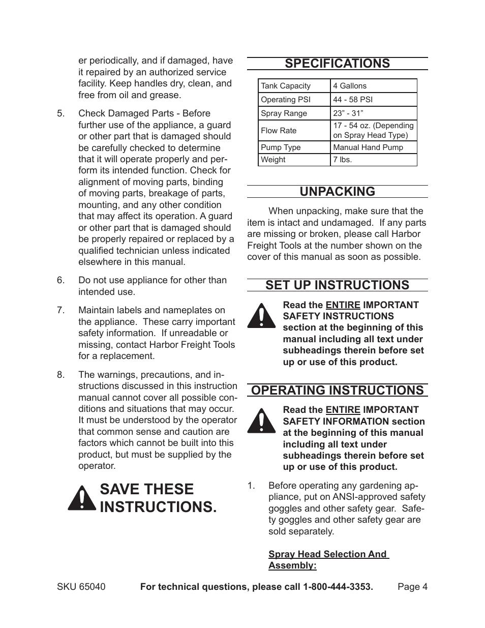 Save these instructions, Specifications, Unpacking | Set up instructions, Operating instructions | Harbor Freight Tools 65040 User Manual | Page 4 / 8