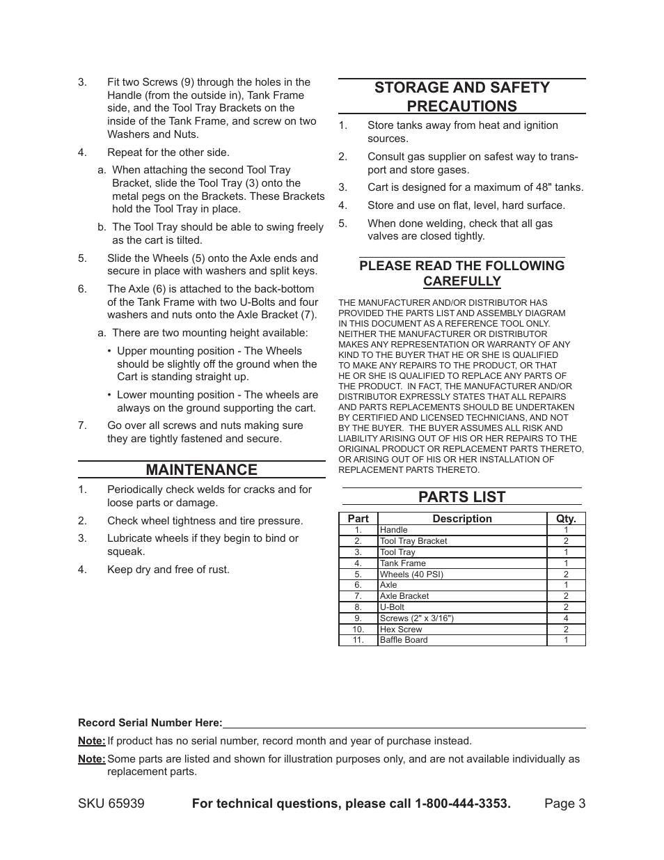 Maintenance, Storage and safety precautions, Parts list | Please read the following carefully | Harbor Freight Tools 65939 User Manual | Page 3 / 3