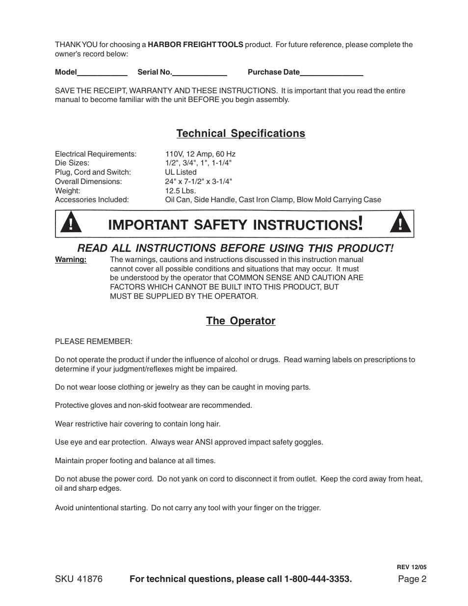 Technical specifications, The operator | Harbor Freight Tools 41876 User Manual | Page 2 / 7