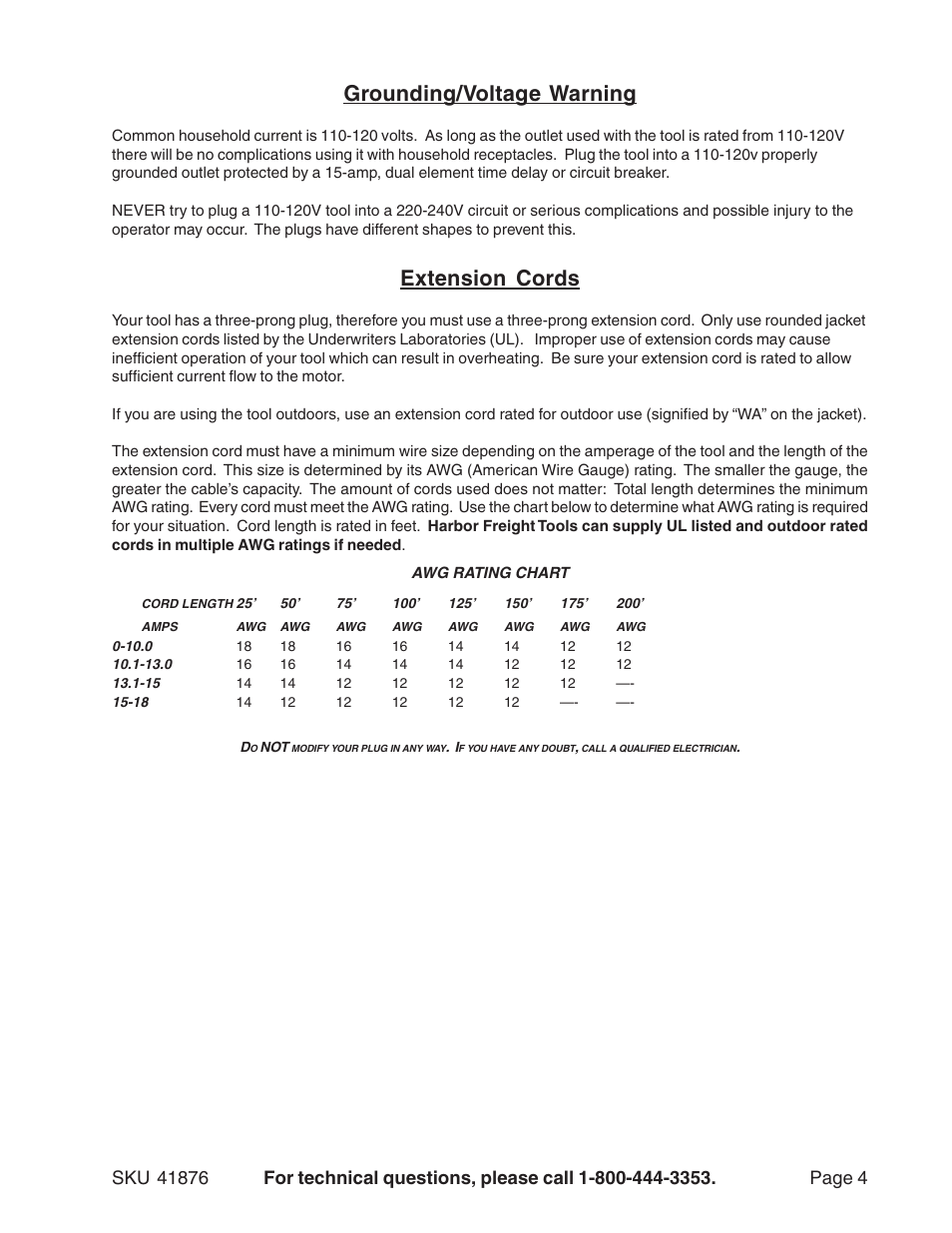 Grounding/voltage warning, Extension cords | Harbor Freight Tools 41876 User Manual | Page 4 / 7