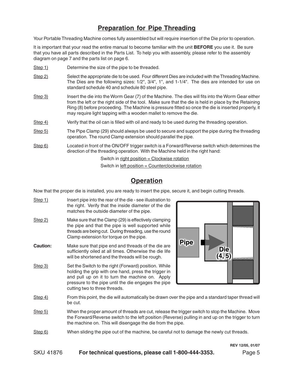 Preparation for pipe threading, Operation | Harbor Freight Tools 41876 User Manual | Page 5 / 7