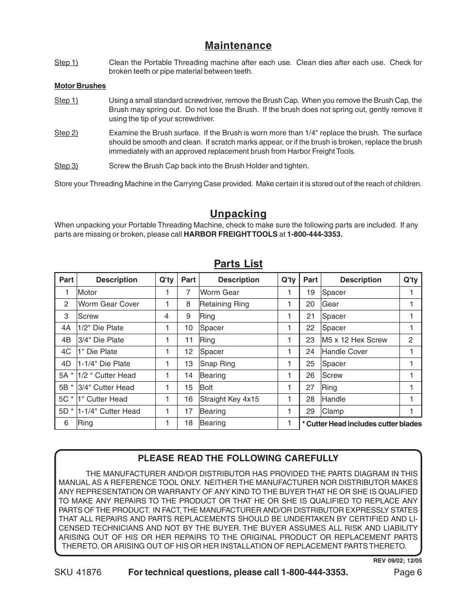 Unpacking, Maintenance, Parts list | Harbor Freight Tools 41876 User Manual | Page 6 / 7