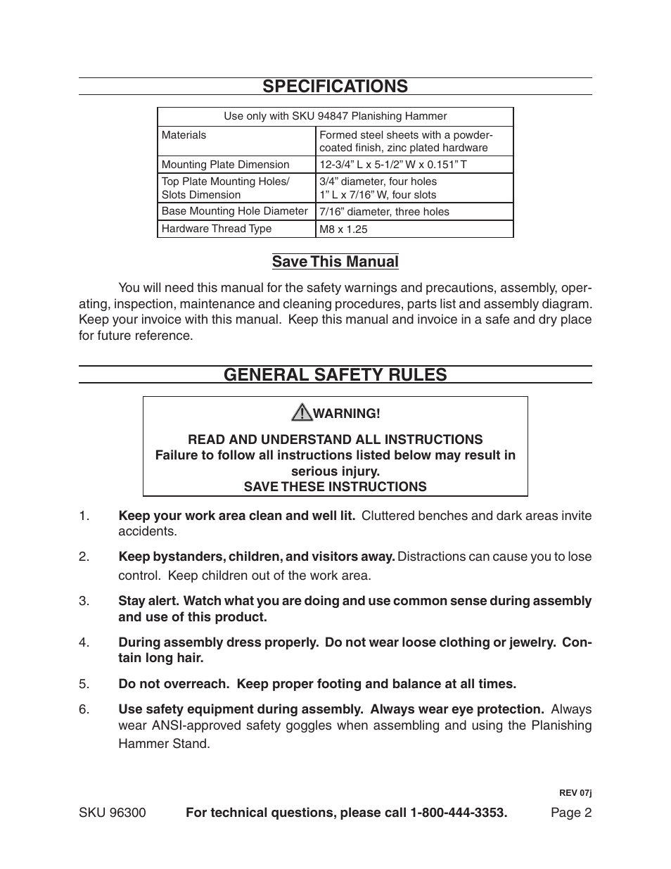 Specifications, General safety rules | Harbor Freight Tools 96300 User Manual | Page 2 / 7