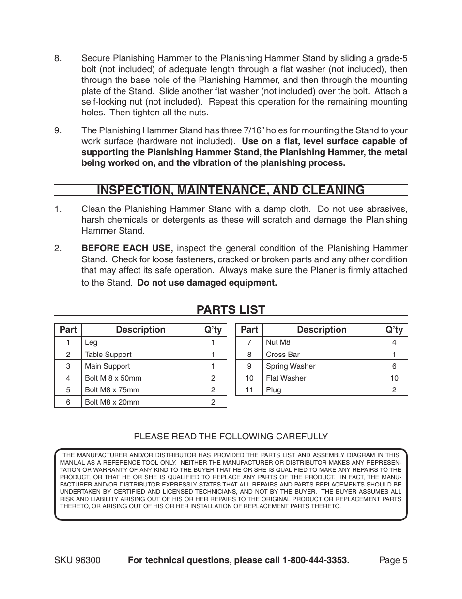 Inspection, maintenance, and cleaning, Parts list | Harbor Freight Tools 96300 User Manual | Page 5 / 7