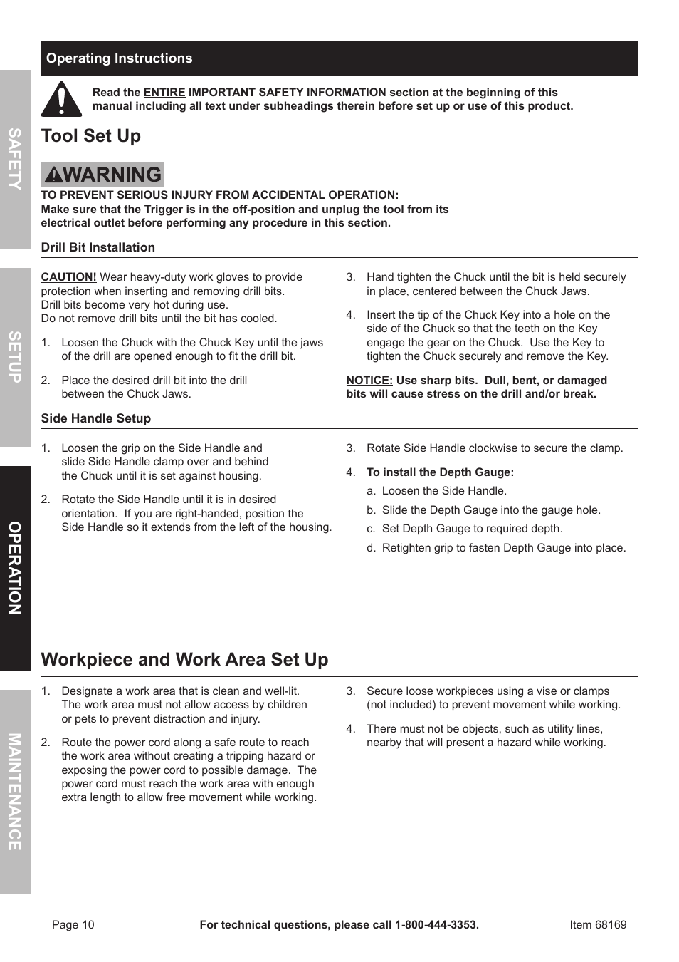 Tool set up, Workpiece and work area set up, Safet y o pera tion m aintenan c e setup | Harbor Freight Tools 68169 User Manual | Page 10 / 16