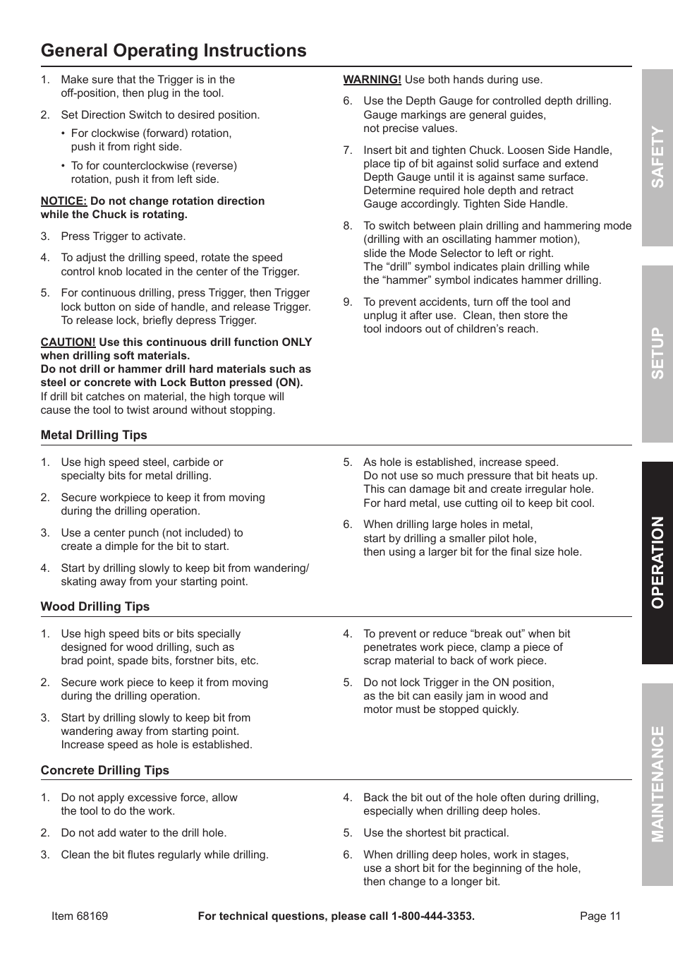 General operating instructions, Safet y o pera tion m aintenan c e setup | Harbor Freight Tools 68169 User Manual | Page 11 / 16