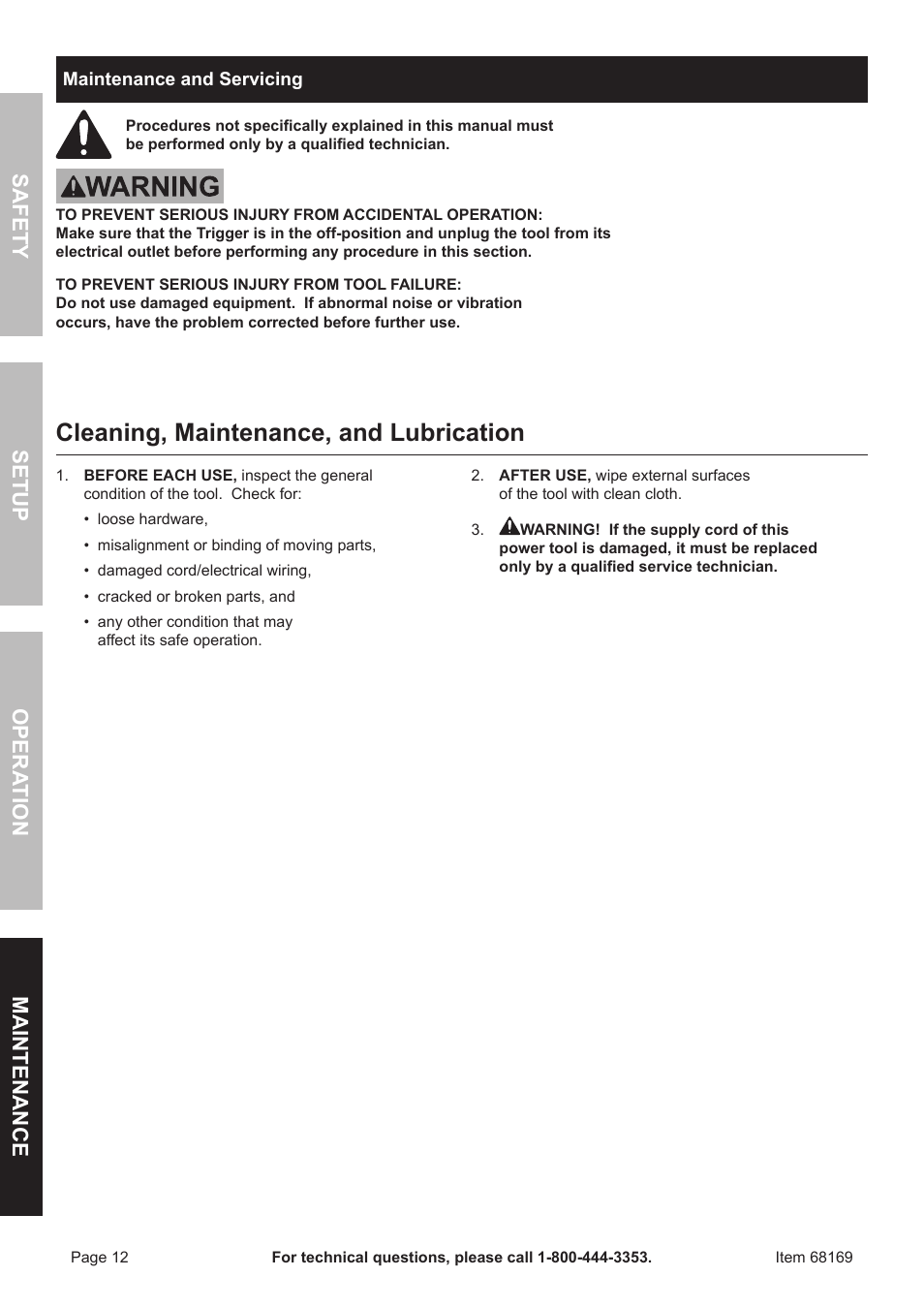 Cleaning, maintenance, and lubrication, Safet y o pera tion m aintenan c e setup | Harbor Freight Tools 68169 User Manual | Page 12 / 16