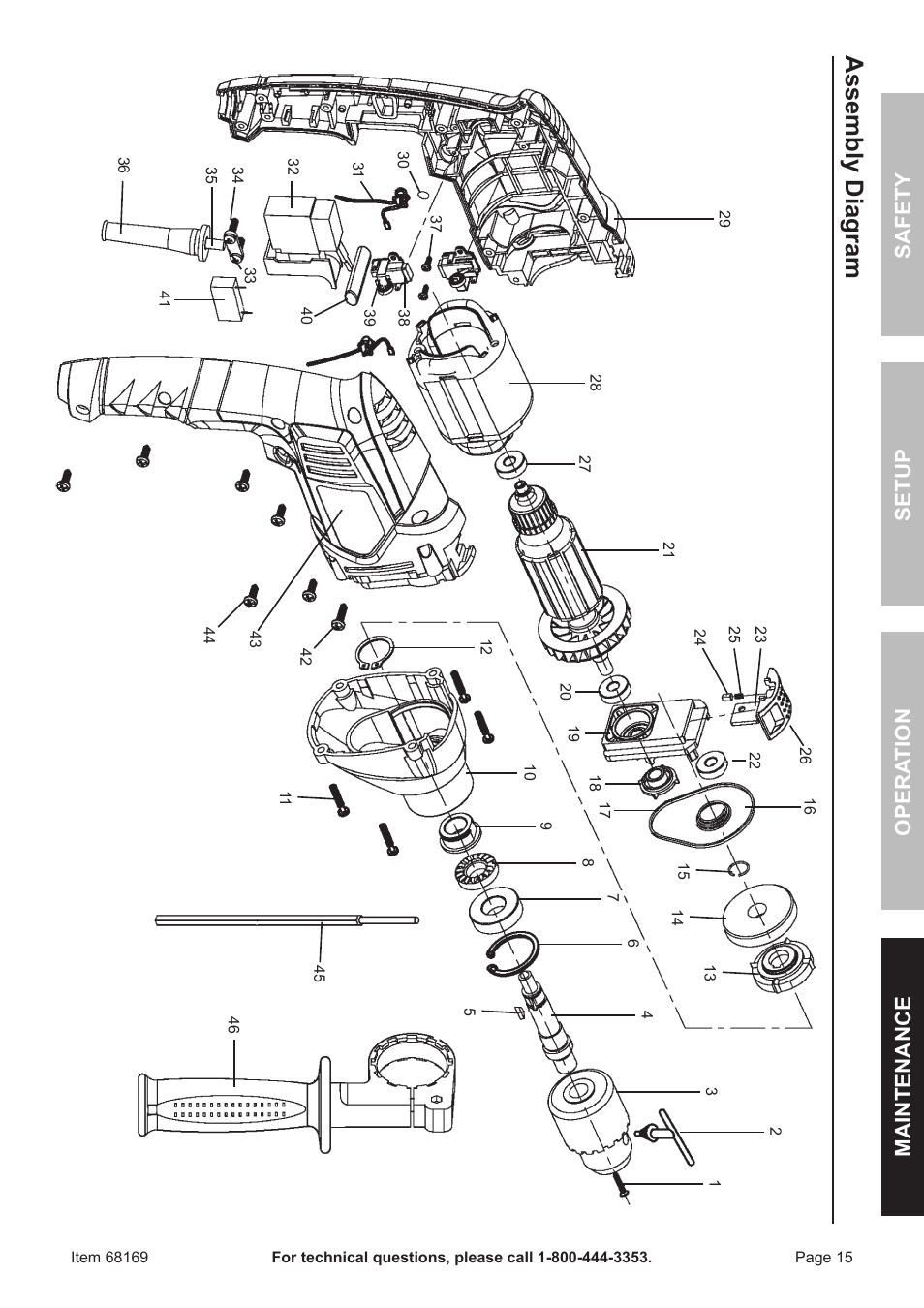 Assembly diagram, Safet y o pera tion m aintenan c e setup | Harbor Freight Tools 68169 User Manual | Page 15 / 16