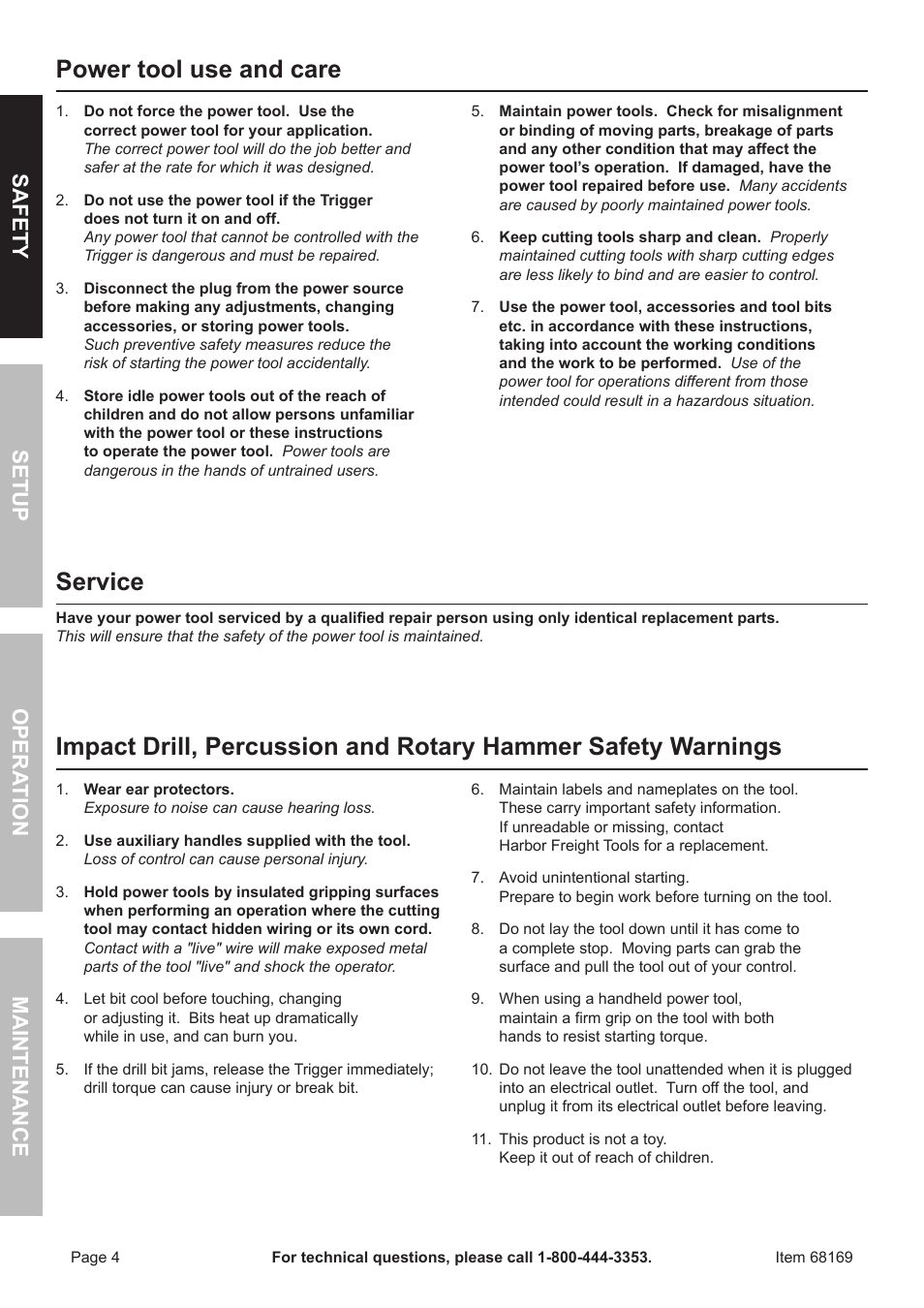 Power tool use and care, Service, Safet y o pera tion m aintenan c e setup | Harbor Freight Tools 68169 User Manual | Page 4 / 16