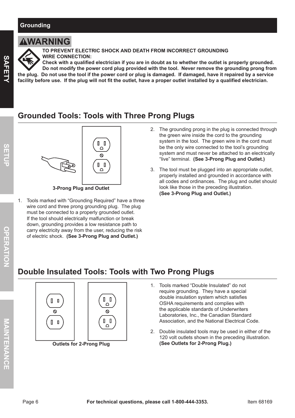 Grounded tools: tools with three prong plugs, Double insulated tools: tools with two prong plugs, Safet y o pera tion m aintenan c e setup | Harbor Freight Tools 68169 User Manual | Page 6 / 16