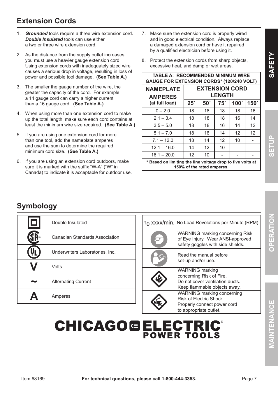 Extension cords, Symbology, Safet y o pera tion m aintenan c e setup | Harbor Freight Tools 68169 User Manual | Page 7 / 16