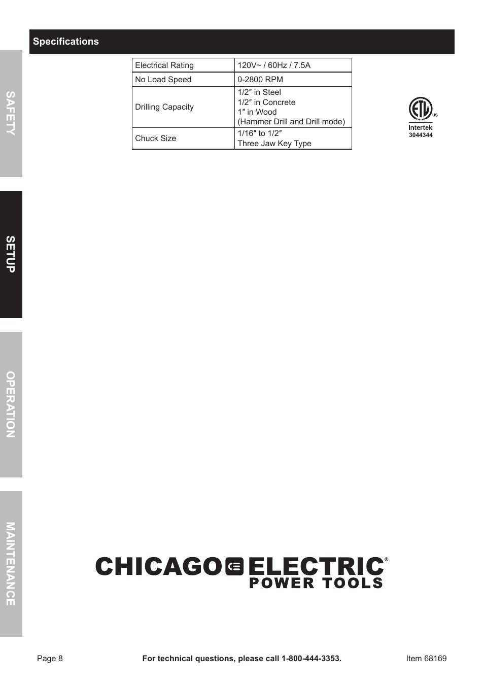 Safet y o pera tion m aintenan c e setup | Harbor Freight Tools 68169 User Manual | Page 8 / 16