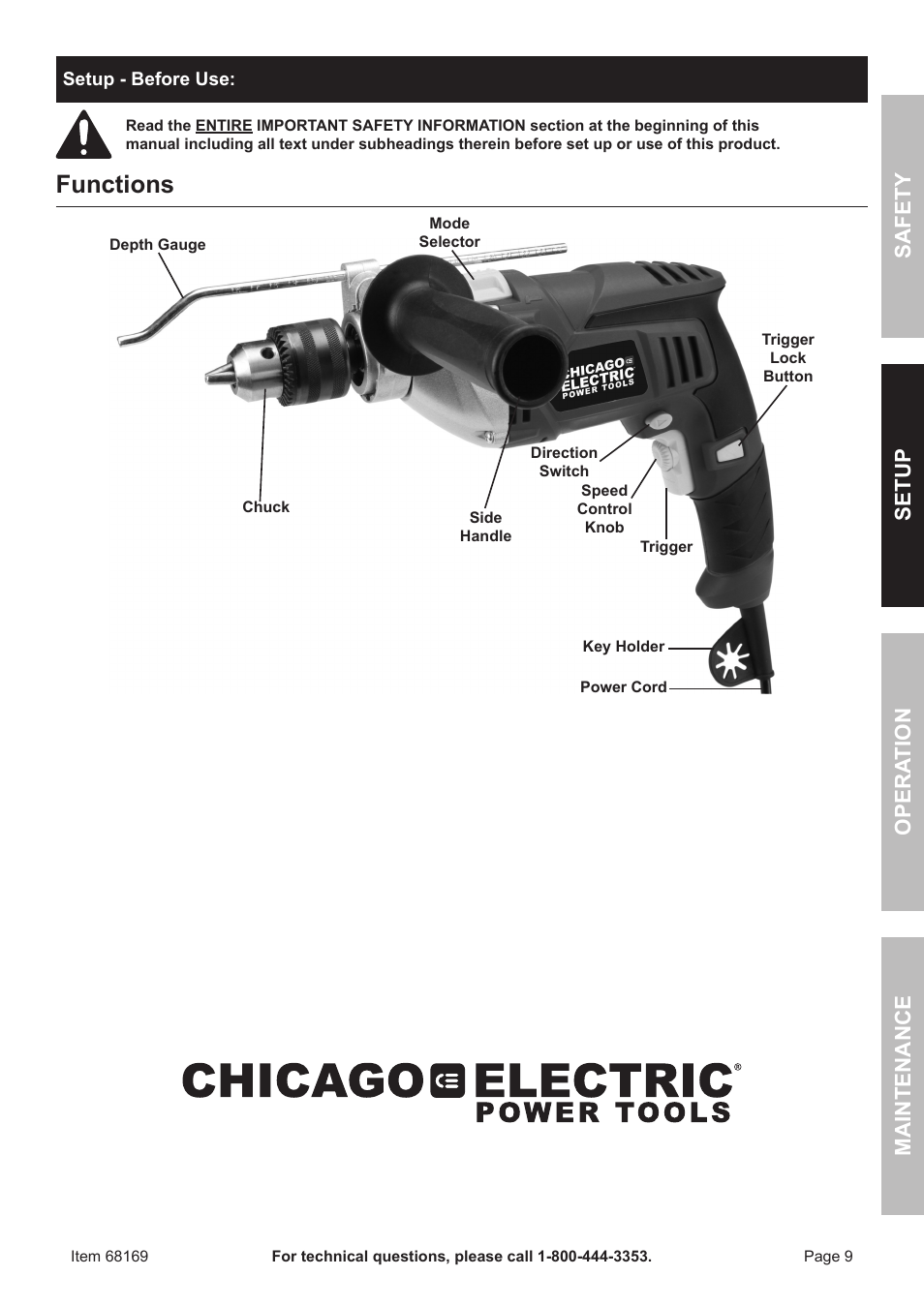 Functions, Safet y o pera tion m aintenan c e setup | Harbor Freight Tools 68169 User Manual | Page 9 / 16