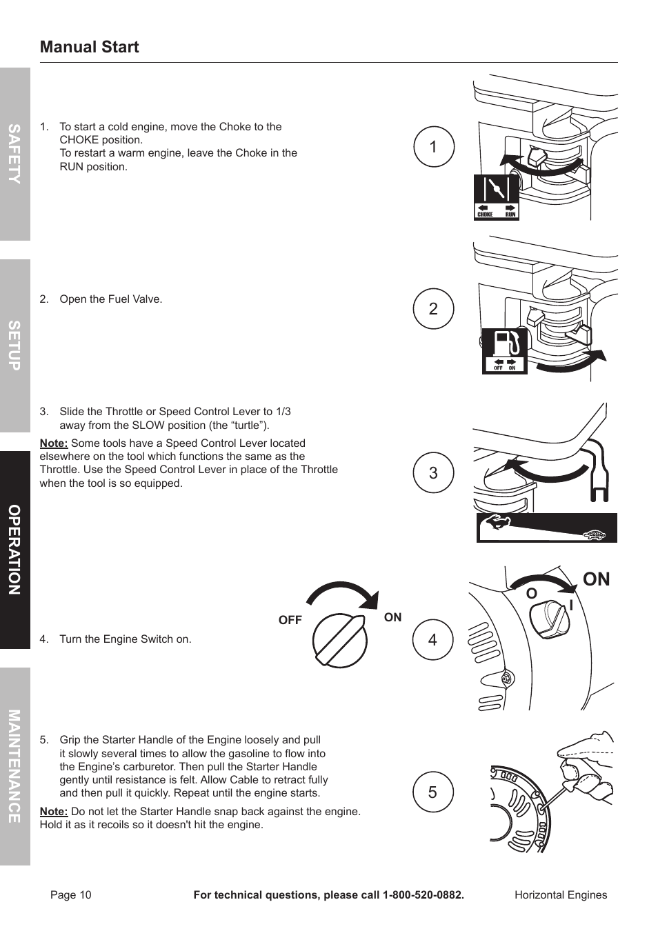 Manual start, Safety opera tion maintenance setup | Harbor Freight Tools Predator  Engines 212 User Manual | Page 10 / 32