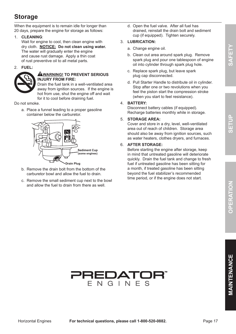 Storage, Safety opera tion maintenance setup | Harbor Freight Tools Predator  Engines 212 User Manual | Page 17 / 32