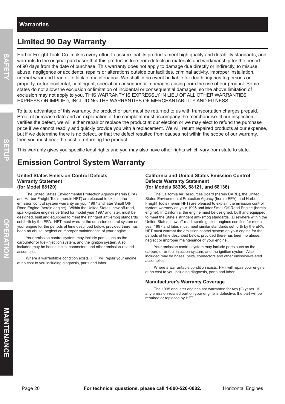 Limited 90 day warranty, Emission control system warranty, Safety opera tion maintenance setup | Warranties | Harbor Freight Tools Predator  Engines 212 User Manual | Page 20 / 32