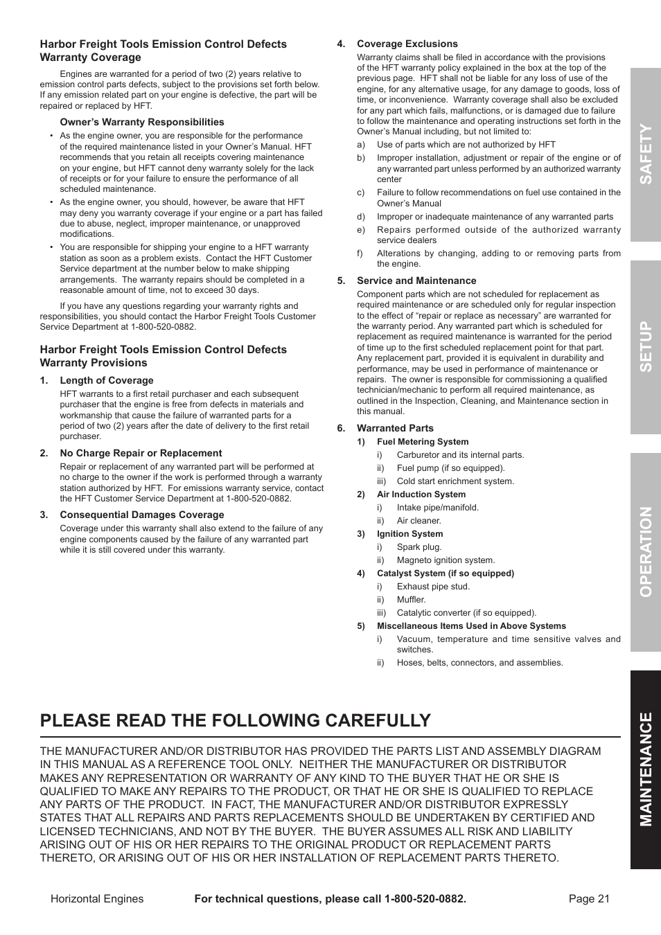 Please read the following carefully, Safety opera tion maintenance setup | Harbor Freight Tools Predator  Engines 212 User Manual | Page 21 / 32