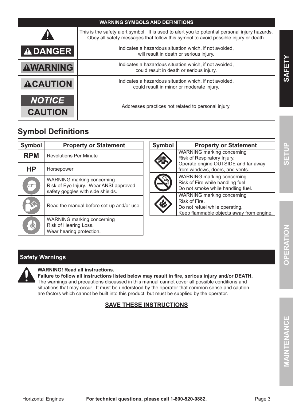 Symbol definitions, Safety opera tion maintenance setup | Harbor Freight Tools Predator  Engines 212 User Manual | Page 3 / 32