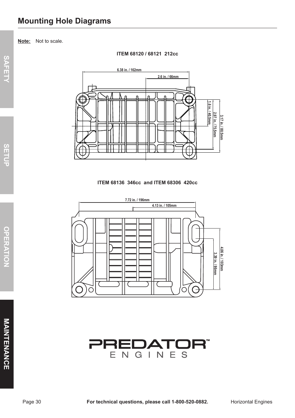Mounting hole diagrams, Safety opera tion maintenance setup | Harbor Freight Tools Predator  Engines 212 User Manual | Page 30 / 32