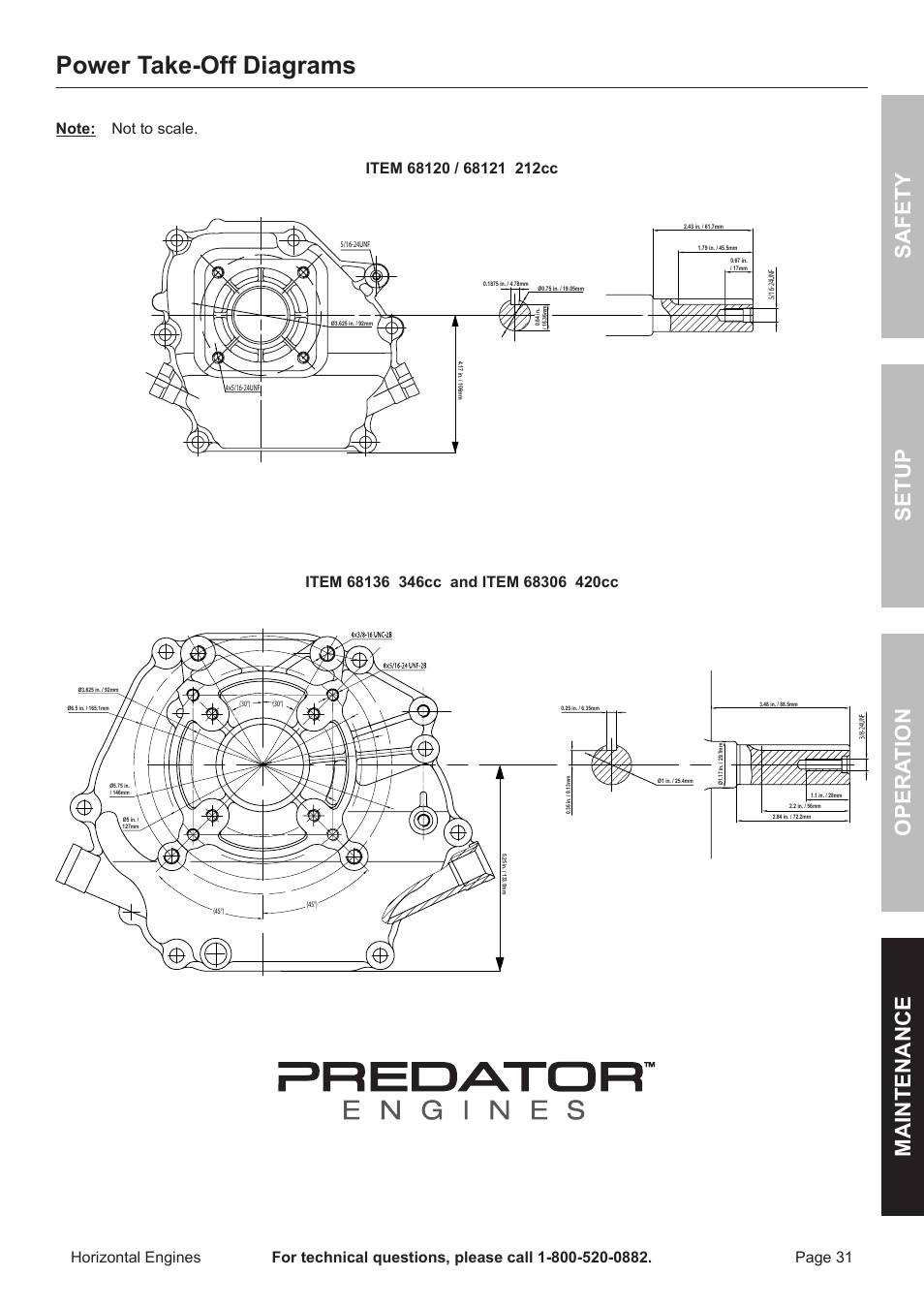 Power take-off diagrams, Safety opera tion maintenance setup | Harbor Freight Tools Predator  Engines 212 User Manual | Page 31 / 32