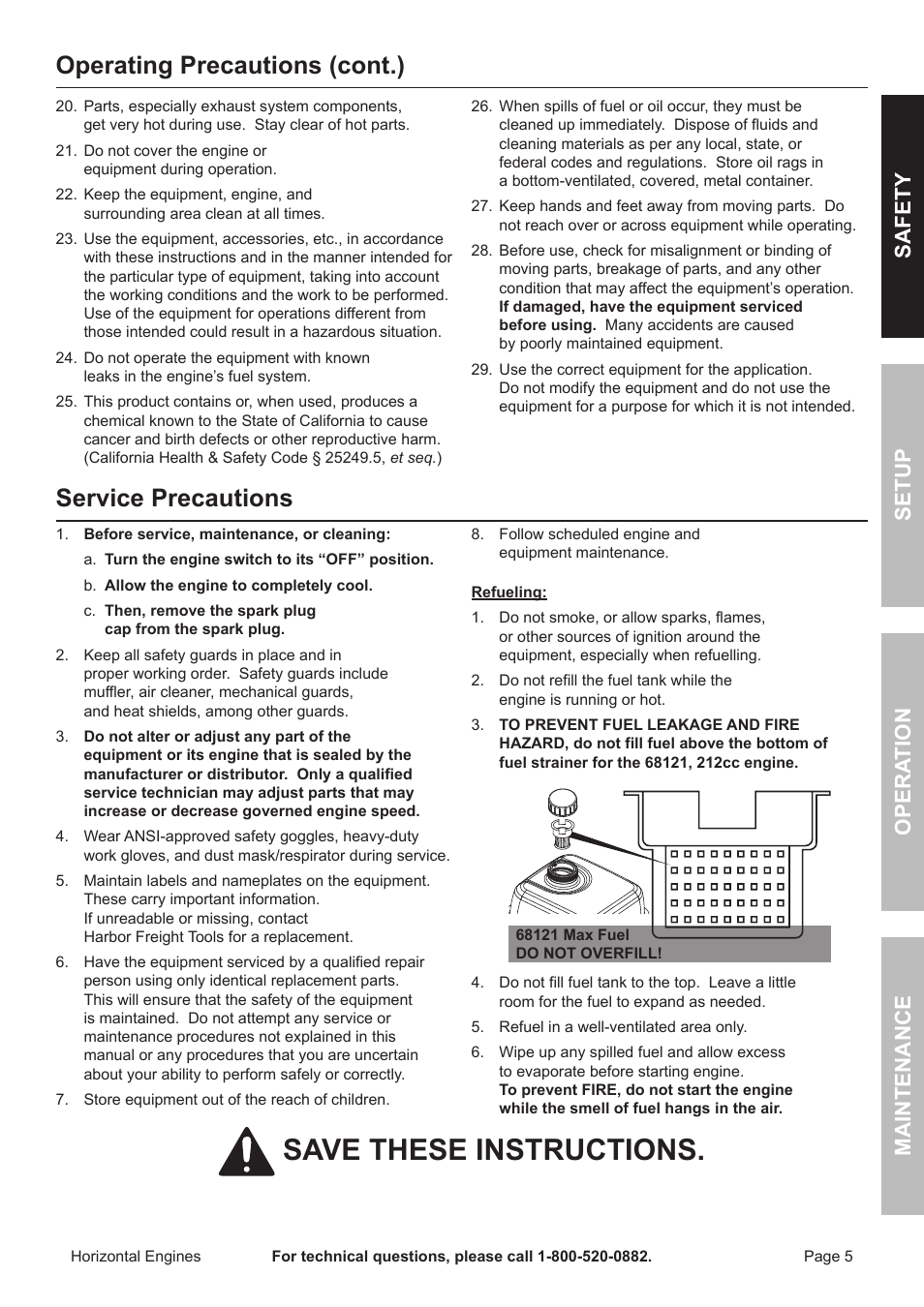 Save these instructions, Service precautions, Operating precautions (cont.) | Safety opera tion maintenance setup | Harbor Freight Tools Predator  Engines 212 User Manual | Page 5 / 32