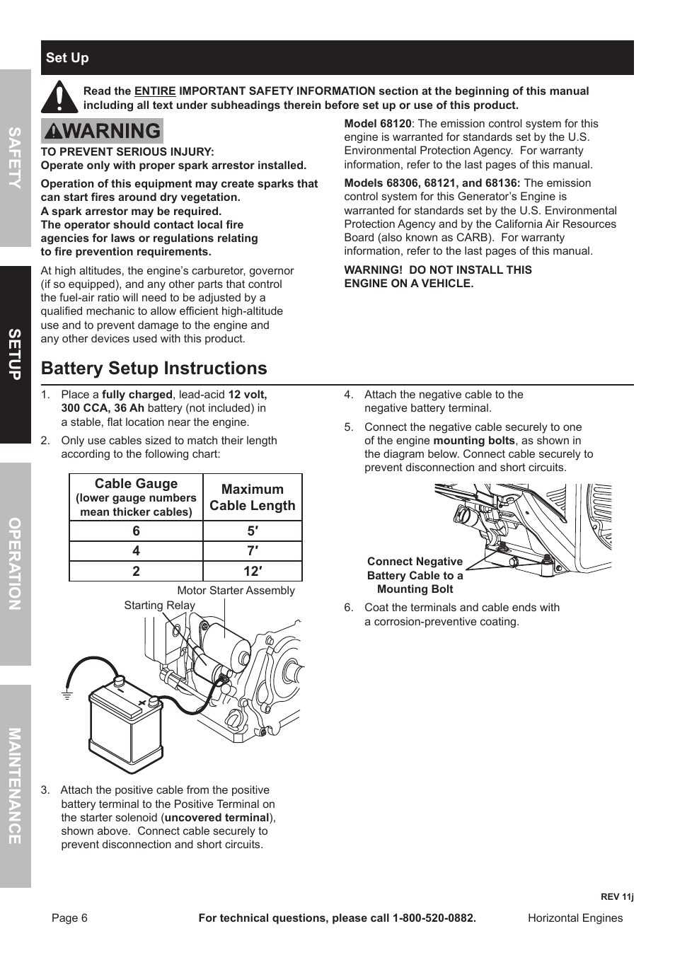 Battery setup instructions, Safety opera tion maintenance setup | Harbor Freight Tools Predator  Engines 212 User Manual | Page 6 / 32