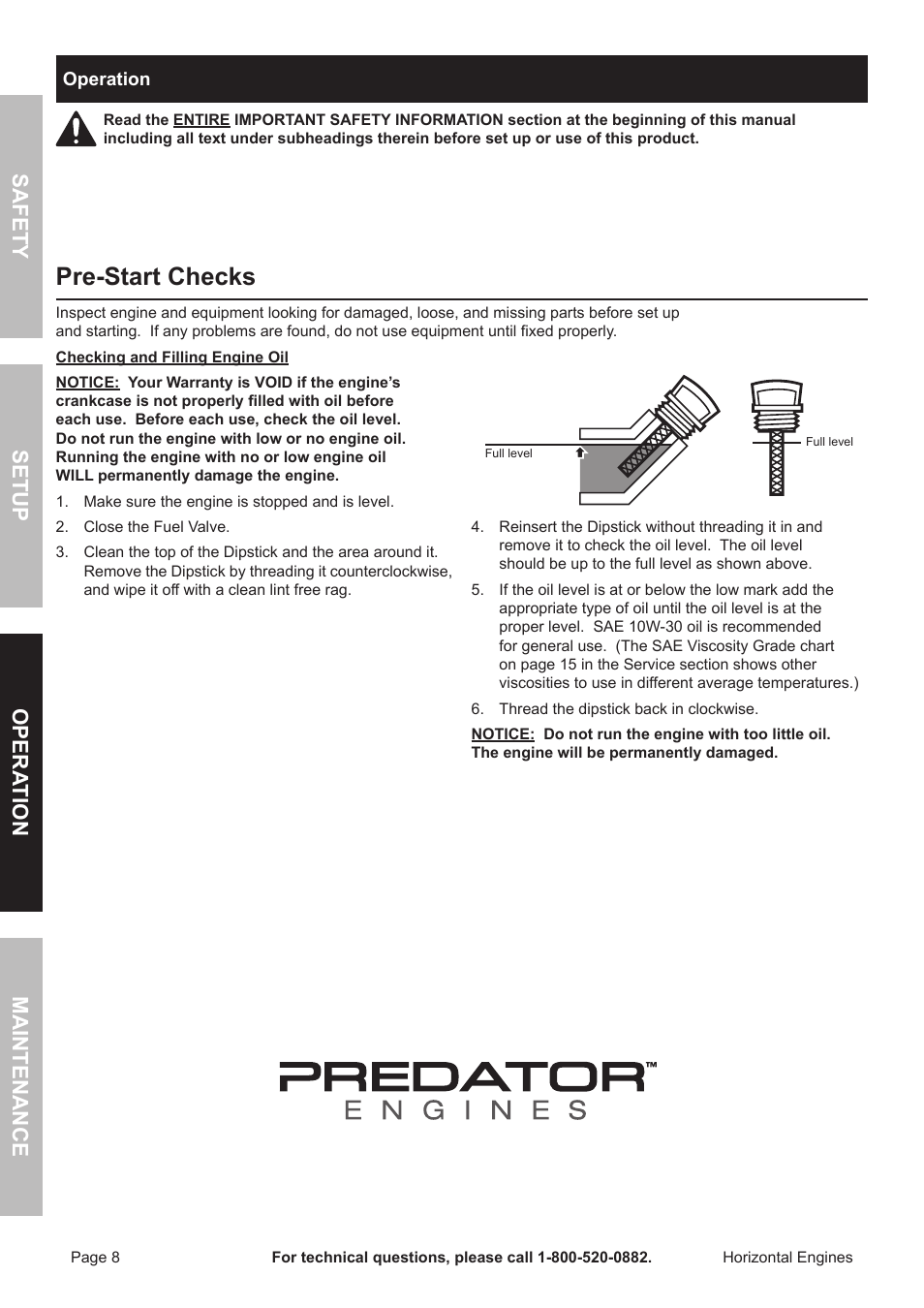 Pre-start checks, Safety opera tion maintenance setup | Harbor Freight Tools Predator  Engines 212 User Manual | Page 8 / 32