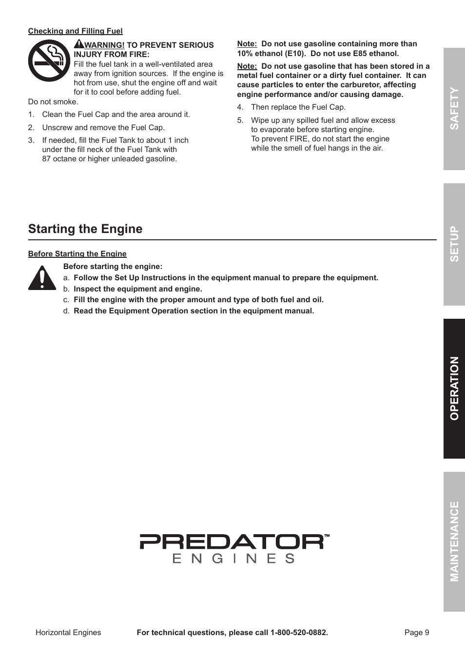 Starting the engine, Safety opera tion maintenance setup | Harbor Freight Tools Predator  Engines 212 User Manual | Page 9 / 32