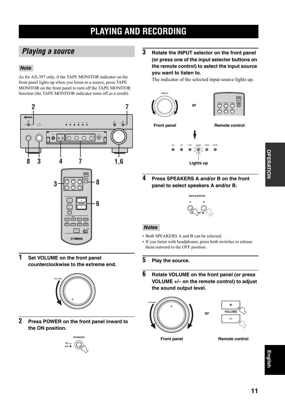 Operation, Playing and recording, Playing a source | Play the source, Standby, On off on off, Front panel remote control or lights up, Remote control front panel or | Yamaha AX-497 User Manual | Page 13 / 116