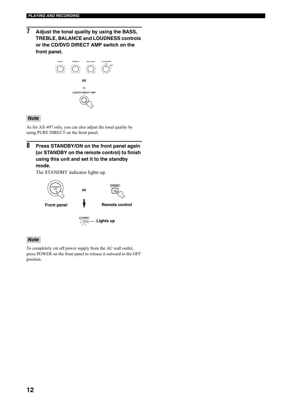 Remote control front panel or lights up, Playing and recording | Yamaha AX-497 User Manual | Page 14 / 116