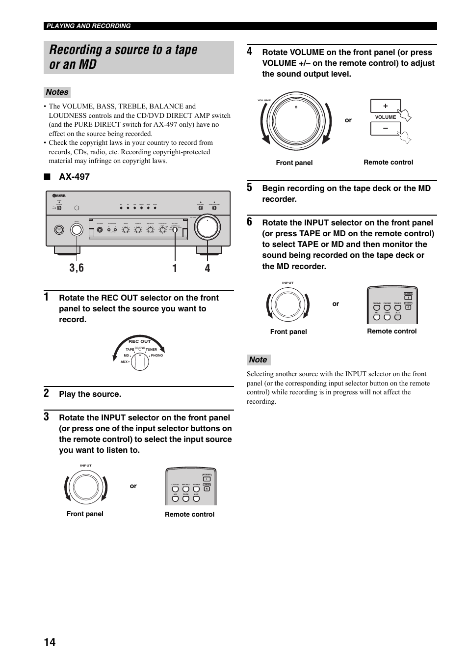 Recording a source to a tape or an md, Ax-497, Play the source | Standby, On off on off, Remote control front panel or | Yamaha AX-497 User Manual | Page 16 / 116