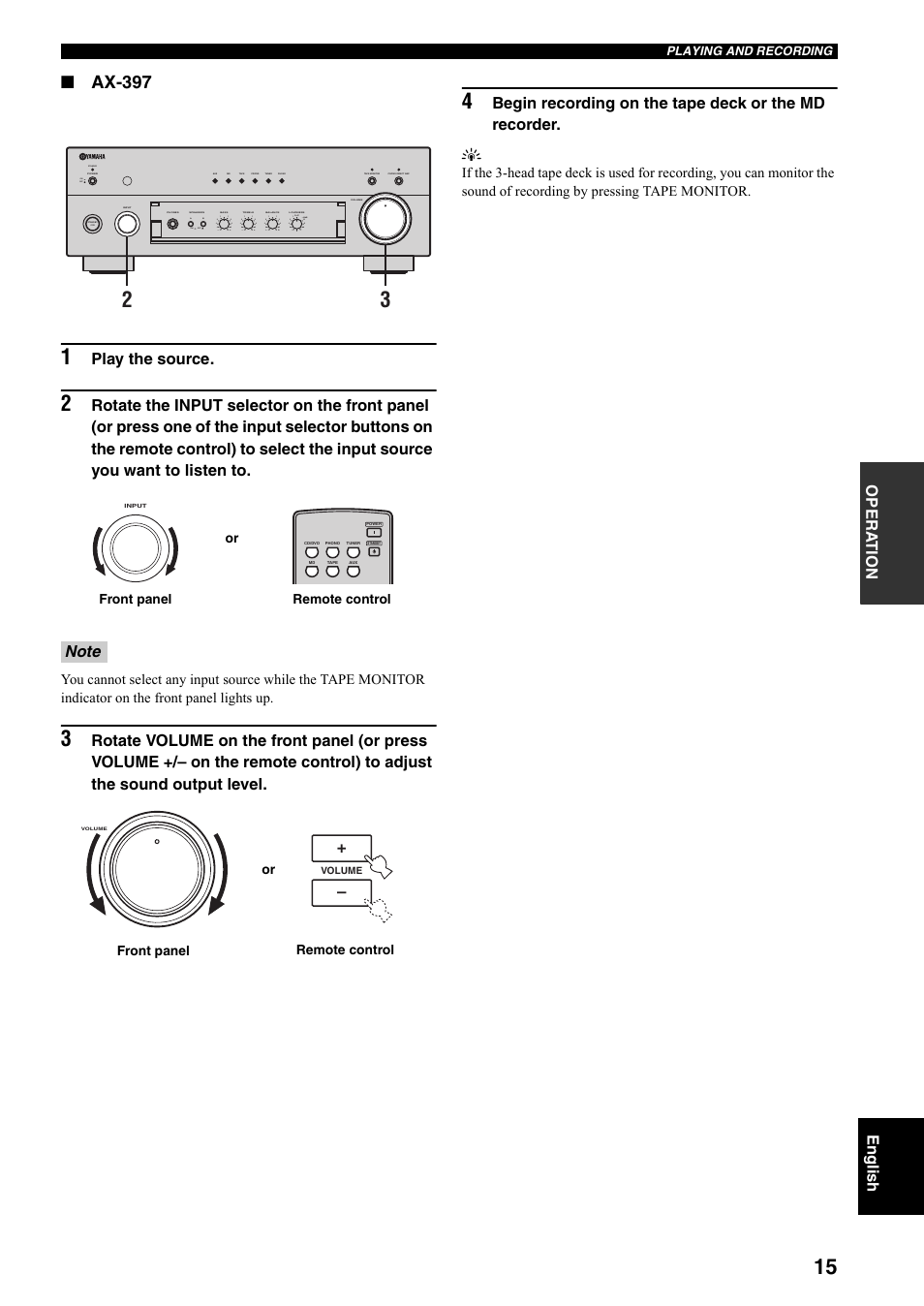 Ax-397, Play the source, Standby | On off on off | Yamaha AX-497 User Manual | Page 17 / 116