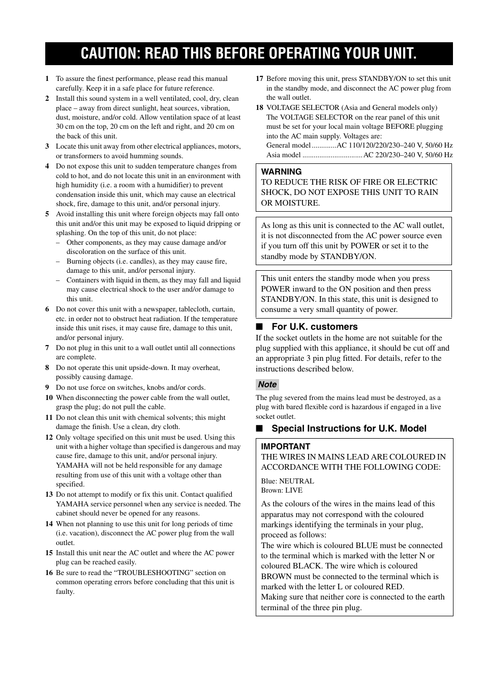 English, Caution: read this before operating your unit | Yamaha AX-497 User Manual | Page 2 / 116