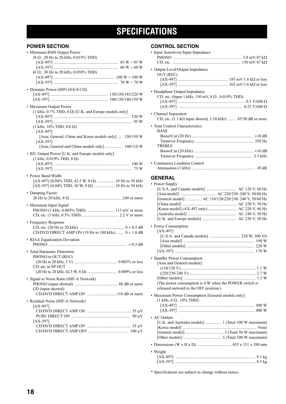 Specifications | Yamaha AX-497 User Manual | Page 20 / 116