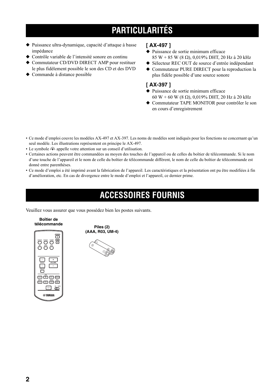 Introduction, Particularités, Accessoires fournis | Particularités accessoires fournis, Ax-497, Ax-397 | Yamaha AX-497 User Manual | Page 23 / 116