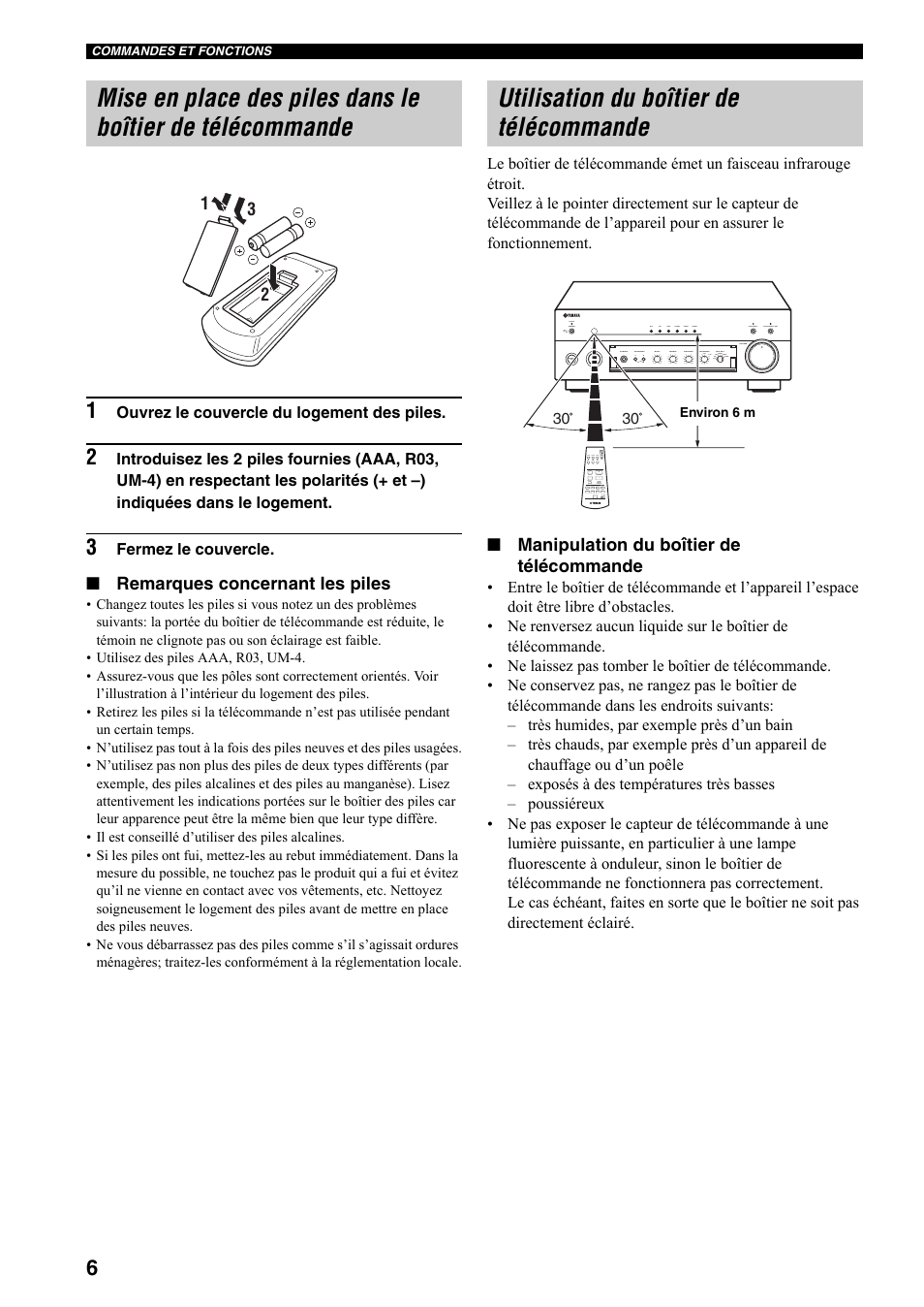 Utilisation du boîtier de télécommande, Mise en place des piles dans le boîtier de, Télécommande | Remarques concernant les piles, Manipulation du boîtier de télécommande | Yamaha AX-497 User Manual | Page 27 / 116