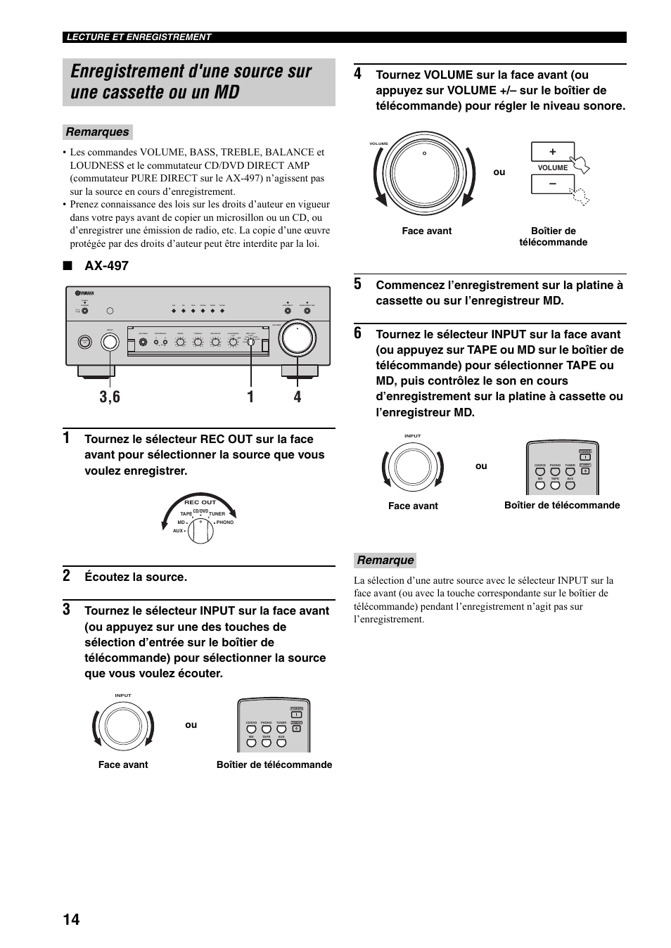 Enregistrement d'une source sur une cassette, Ou un md, Ax-497 | Écoutez la source, Remarques, Remarque, Standby, On off on off, Boîtier de télécommande face avant ou | Yamaha AX-497 User Manual | Page 35 / 116