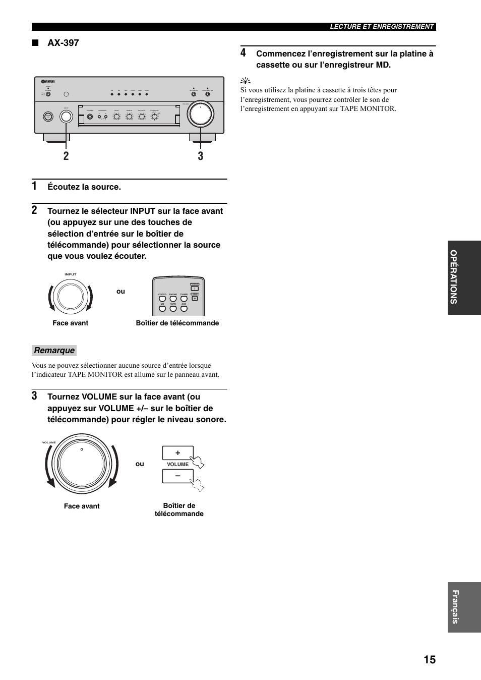 Ax-397, Opéra t ions fr anç a is, Écoutez la source | Remarque, Standby, On off on off | Yamaha AX-497 User Manual | Page 36 / 116