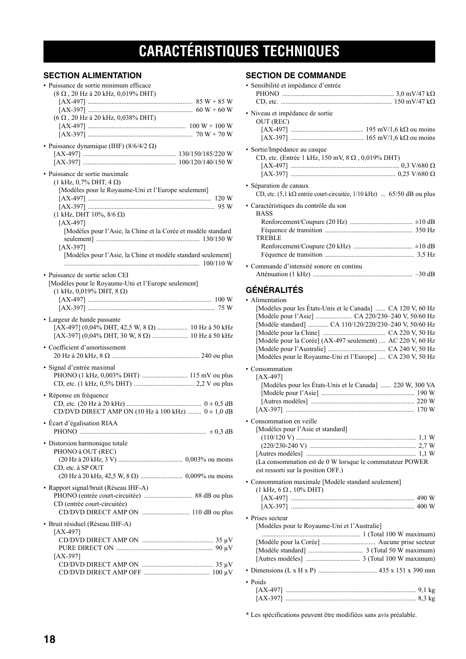 Caractéristiques techniques | Yamaha AX-497 User Manual | Page 39 / 116