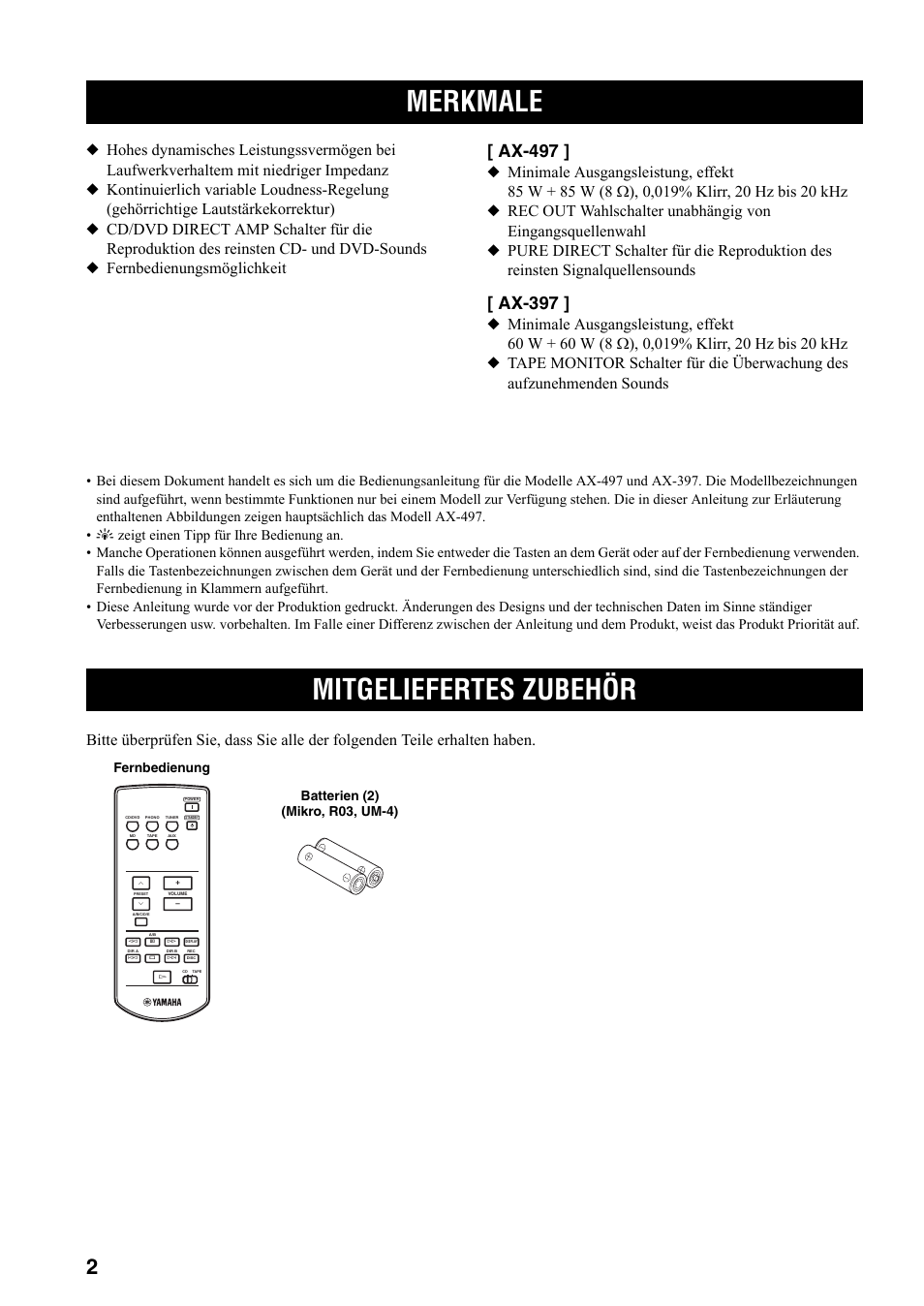 Einleitung, Merkmale, Mitgeliefertes zubehör | Merkmale mitgeliefertes zubehör, Ax-497, Ax-397 | Yamaha AX-497 User Manual | Page 42 / 116