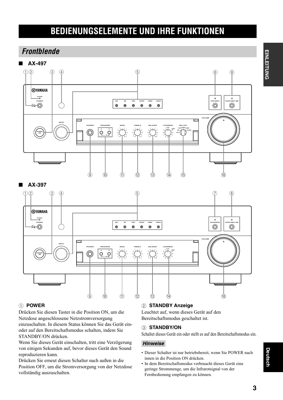 Bedienungselemente und ihre funktionen, Frontblende, Bedienungselemente und ihre | Funktionen, Einleitung de utsc h, Fhinweise | Yamaha AX-497 User Manual | Page 43 / 116