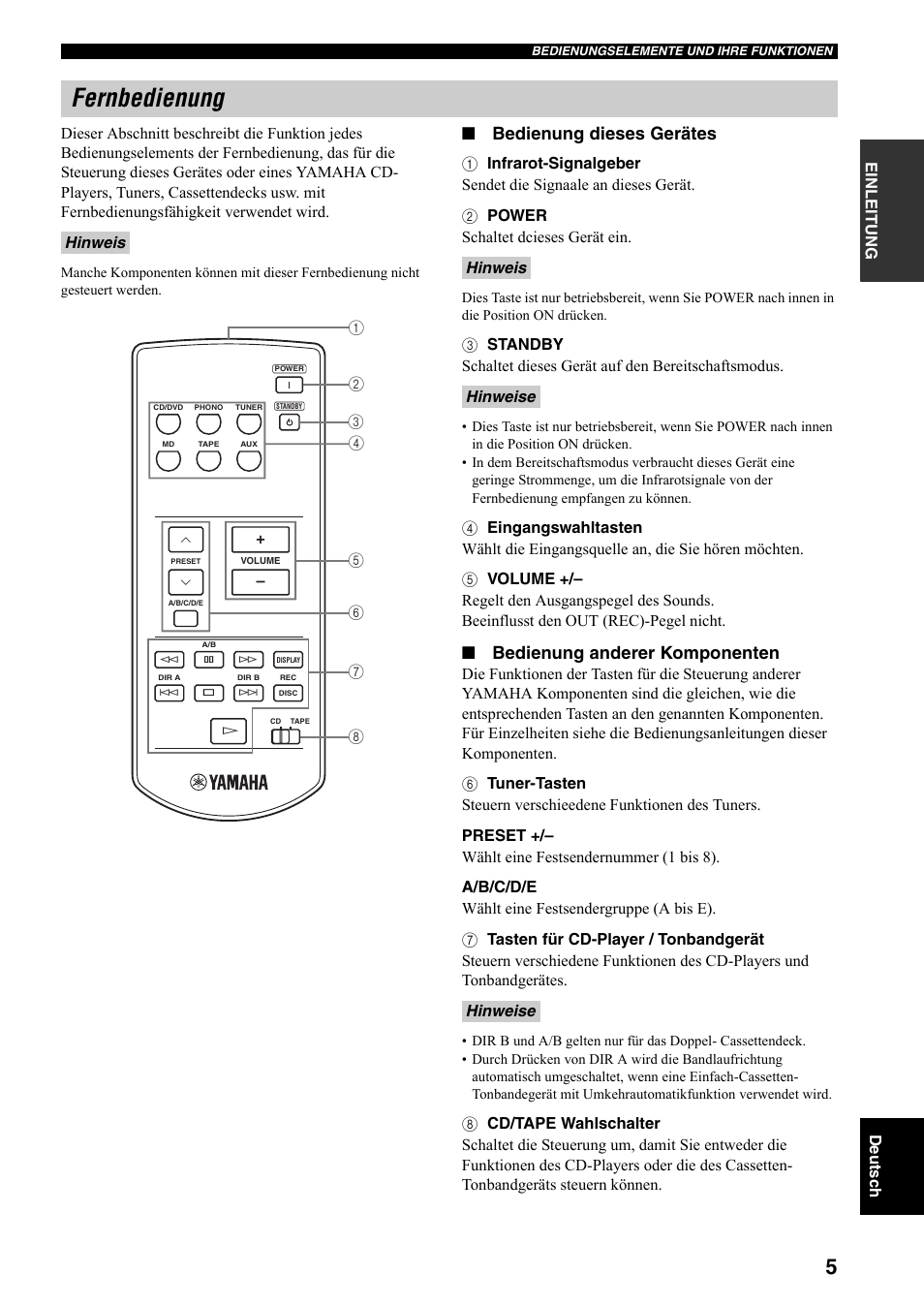 Fernbedienung, Bedienung dieses gerätes, Bedienung anderer komponenten | Hinweis | Yamaha AX-497 User Manual | Page 45 / 116