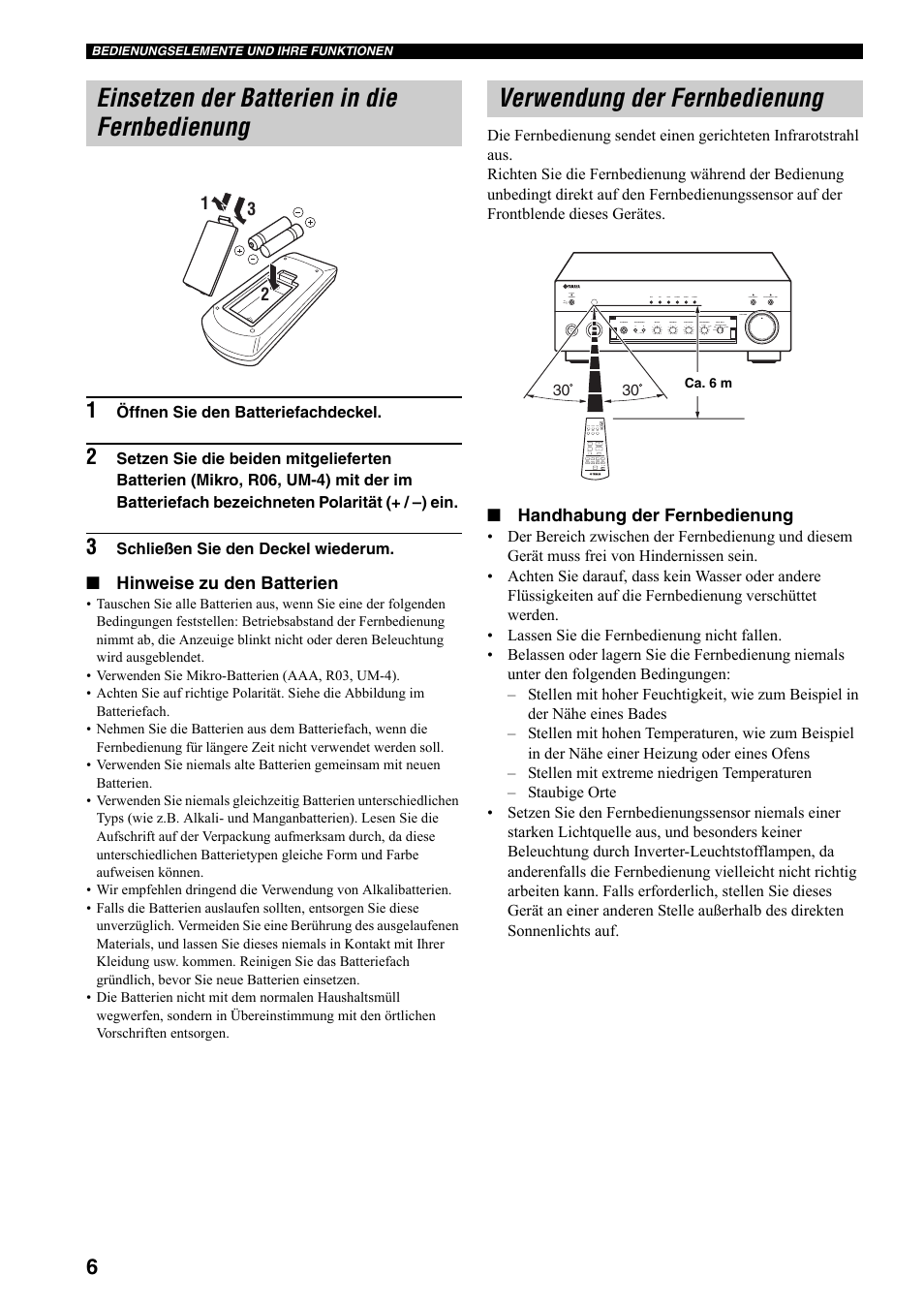 Einsetzen der batterien in die fernbedienung, Verwendung der fernbedienung, Hinweise zu den batterien | Handhabung der fernbedienung | Yamaha AX-497 User Manual | Page 46 / 116