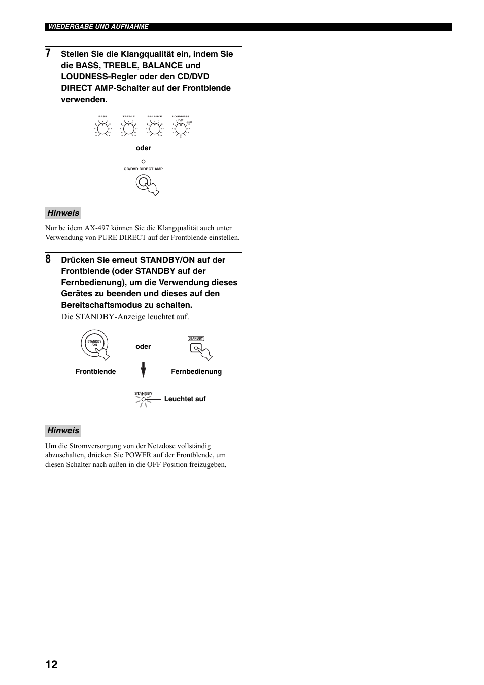 Hinweis, Oder, Fernbedienung frontblende oder leuchtet auf | Wiedergabe und aufnahme | Yamaha AX-497 User Manual | Page 52 / 116
