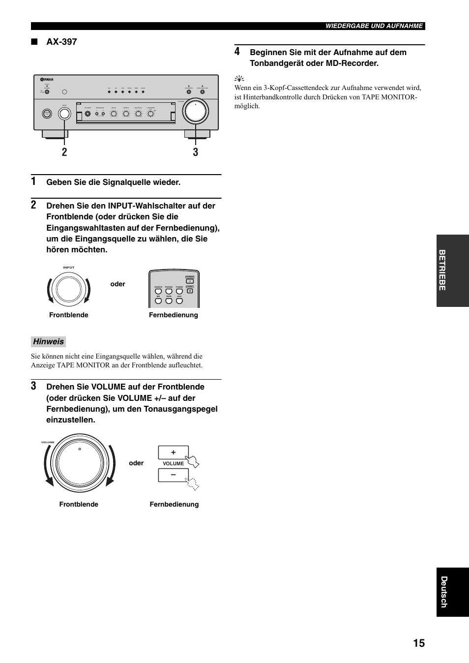 Ax-397, Betriebe de utsc h, Geben sie die signalquelle wieder | Hinweis, Standby, On off on off, Fernbedienung frontblende oder | Yamaha AX-497 User Manual | Page 55 / 116