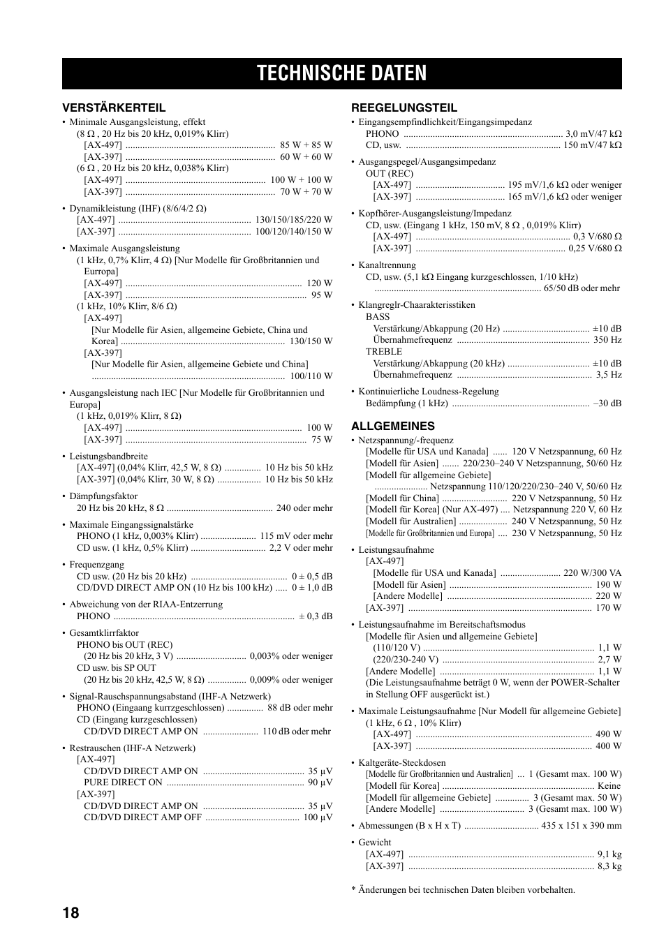 Technische daten | Yamaha AX-497 User Manual | Page 58 / 116