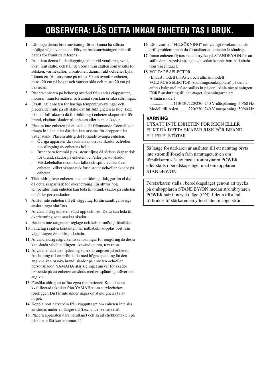 Svenska, Observera: läs detta innan enheten tas i bruk | Yamaha AX-497 User Manual | Page 59 / 116
