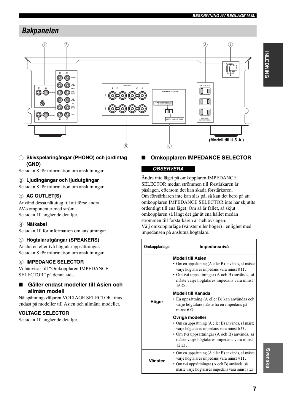 Bakpanelen, Omkopplaren impedance selector, Observera | Yamaha AX-497 User Manual | Page 66 / 116