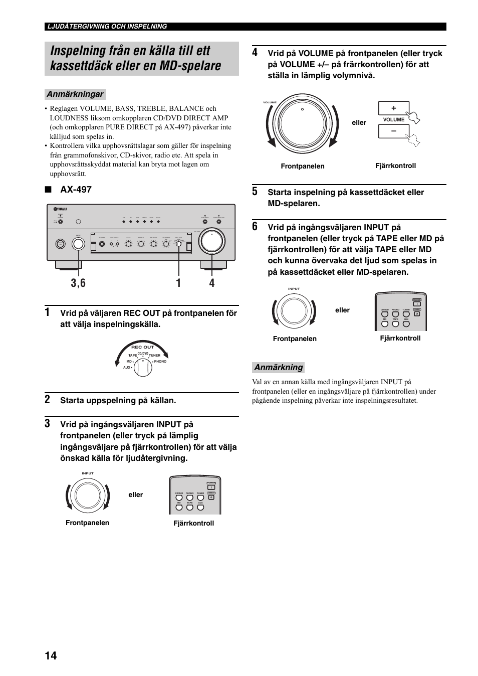 En md-spelare, Se sidan 14 angå, Ax-497 | Starta uppspelning på källan, Anmärkningar, Anmärkning, Standby, On off on off, Fjärrkontroll frontpanelen eller | Yamaha AX-497 User Manual | Page 73 / 116