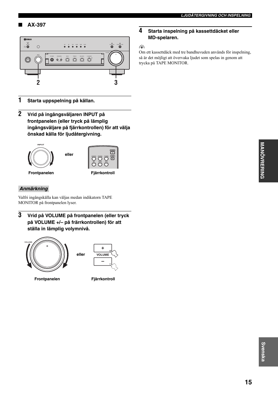 Ax-397, Manö vr er ing svenska, Starta uppspelning på källan | Anmärkning, Standby, On off on off, Fjärrkontroll frontpanelen eller | Yamaha AX-497 User Manual | Page 74 / 116